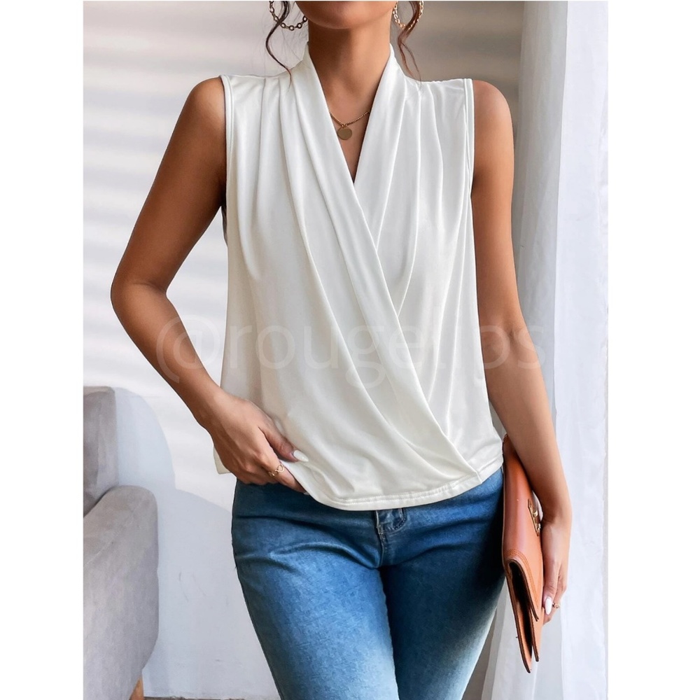 Draped Sleeveless Surplice V-Neck Blouse Top White Overlapping Front Snap Button - Picture 6 of 8